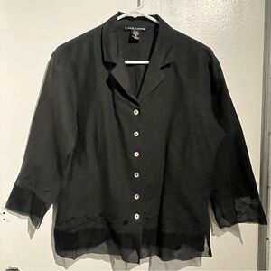 Anne Carson Silk Linen Black Lace Embroidered Button Blouse Medium Quiet Luxury